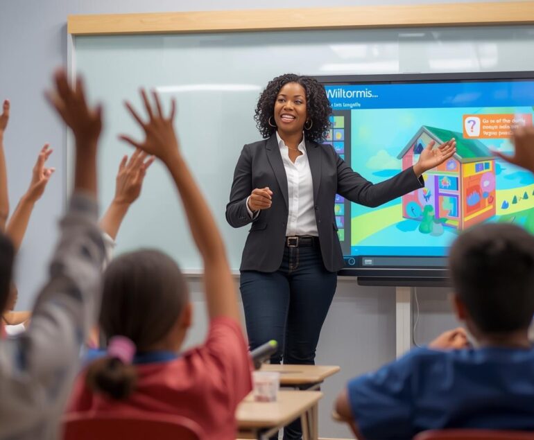 black women teacher using smartboard with class