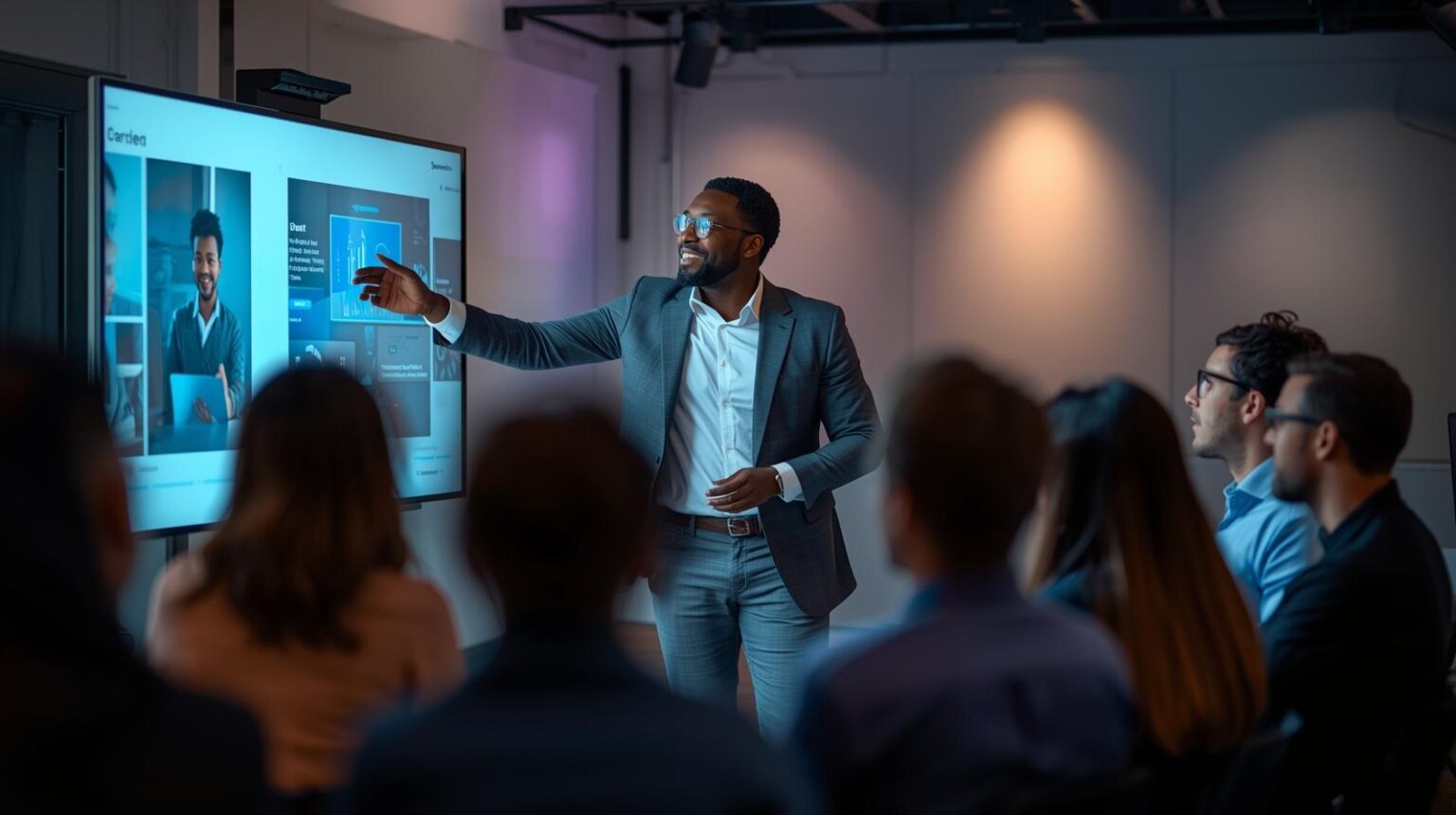 show black man interacting with smart boards with a audience (3)